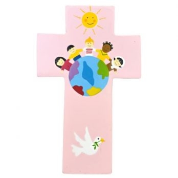 Croix Enfant en bois – Paix et Espoir – Rose